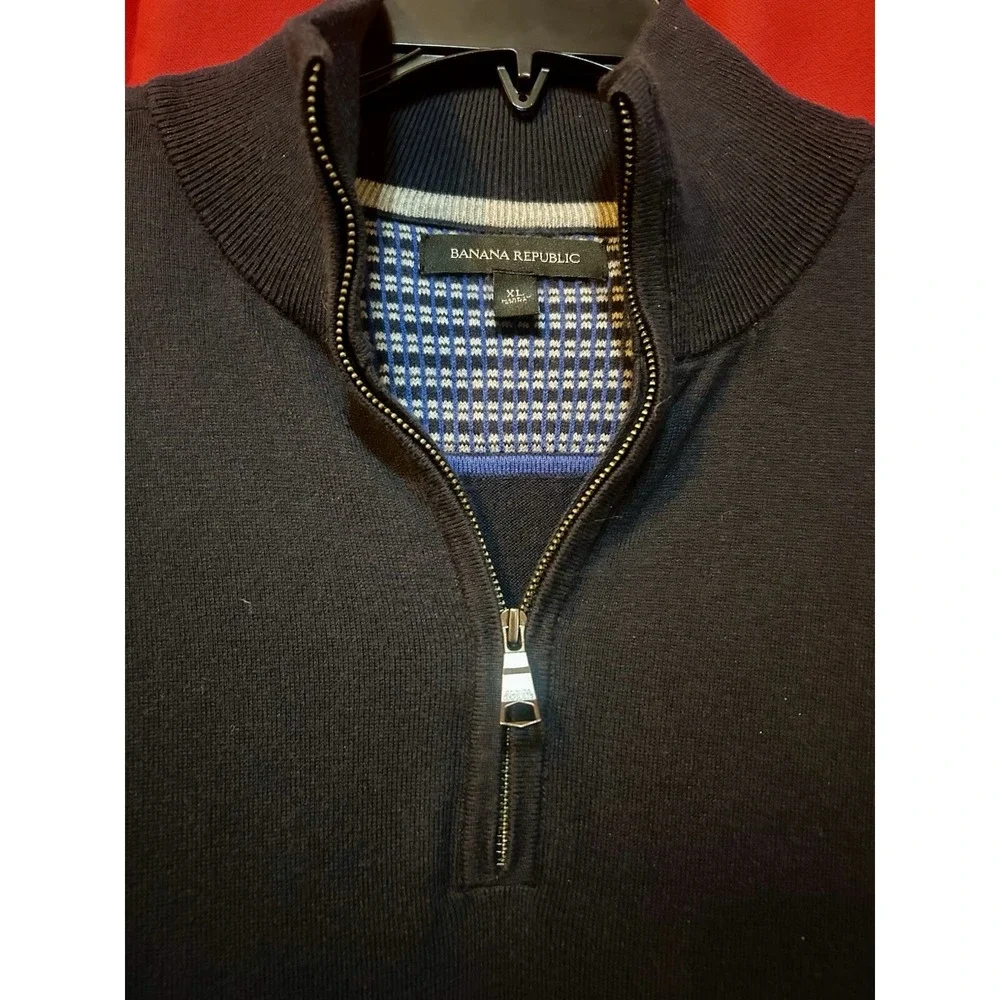 Banana Republic Sweater Mens XL Navy Long Sleeve Pullover 1/4 Zip Cotton/Silk/Ny